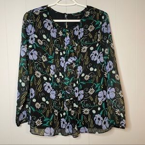 NWT J. Crew black floral printed ruffle pleated long sleeve blouse   Size Small